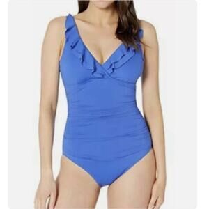 Lauren Ralph Lauren Ruffled Surplice One Piece Swimsuit Blue Tummy Control 14